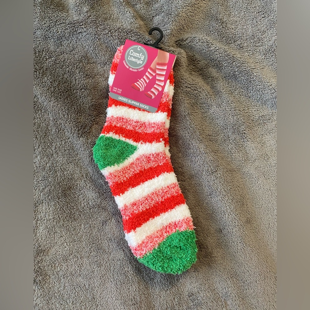 Red and Green Striped Christmas Fuzzy Socks